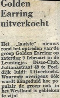 Golden Earring newspaper article Poeldijk show announcement February 09 1980